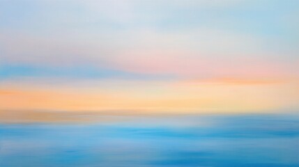 Obraz premium Soft gradient sky at sunset over calm ocean waters, pastel colors blending in serene landscape, tranquil seascape, peaceful nature background.