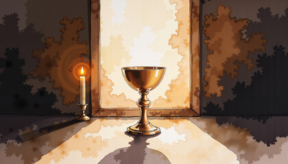Solitary chalice with candle in dim room, Maundy Thursday reflection,  Easter, watercolor style