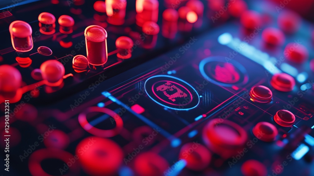 Poster abstract futuristic technology interface red neon lights digital control panel buttons screen displa