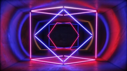 Naklejka premium 3d Visualization. Geometric figure in neon light against a dark tunnel. Laser glow. Blockchain text and computer connection with colored background