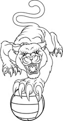 Black panther leopard holding a volleyball ball with sharp claw sports team mascot design.