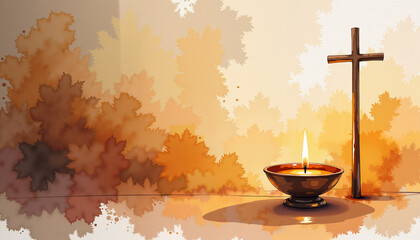 Warm glowing oil lamp beside wooden cross, Maundy Thursday symbolism, Easter, Watercolor style