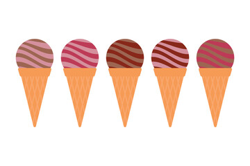 Striped ice cream scoop and waffle cone. Ice cream icons set. Isolated vector illustration in flat style.