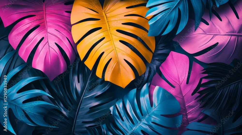 Poster rich hues of pink, yellow, and blue overlap in a mesmerizing pattern of tropical palm leaves. this v