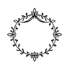 Elegant oval frame of black line art with floral details, perfect for invitations, illustrations, and design.