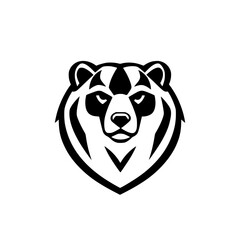 Head-on image of a bear rendered in a stylized minimalist black and white style, with a strong and confident expression on its face.