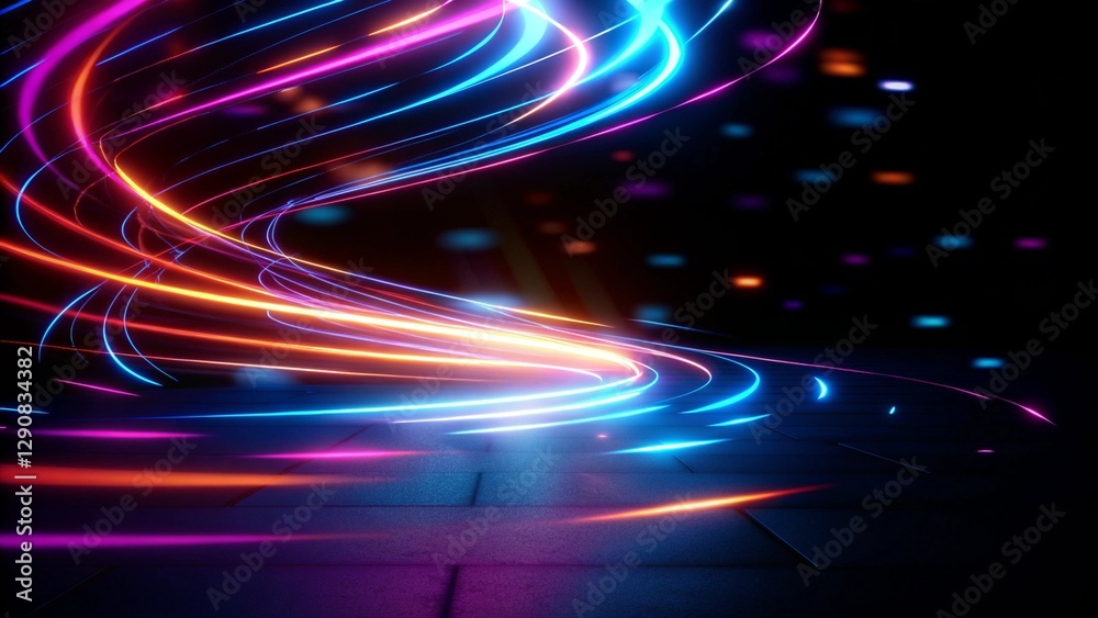 Wall mural 3d technology abstract neon light splash particle background, moving high speed wave lines empty spa