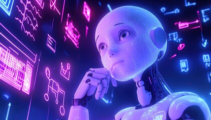 Fototapeta premium Young AI Robot Education Hud Looking Learning Complex Mathematical Equations Graphs