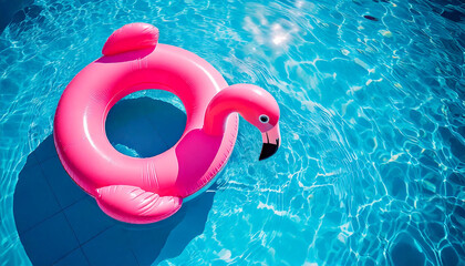 Inflatable pink flamingo in blue pool. Top view. Vacation background.