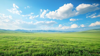Fototapeta premium Vast green field under a bright blue sky with fluffy clouds.