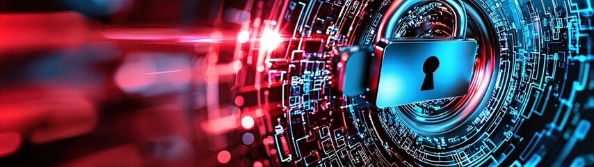 Obraz premium Online Fraud Prevention, Futuristic Cybersecurity Concept with Lock and Digital Background in Pop Art Style