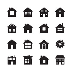 Collection of Black and White Residential and Commercial Building Icons
