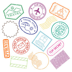 PNG Colorful travel-themed stamp collection , set on transparent background