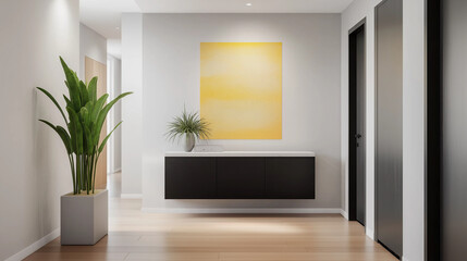 Minimalist hallway with yellow artwork and black furniture.