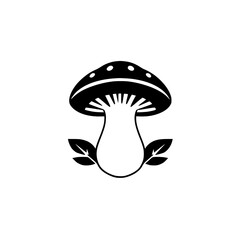 Black and White minimalist illustration of a mushroom and two leaves, with a clean, simple style.