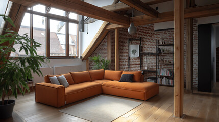 Industrial loft with orange sectional sofa and wooden beams