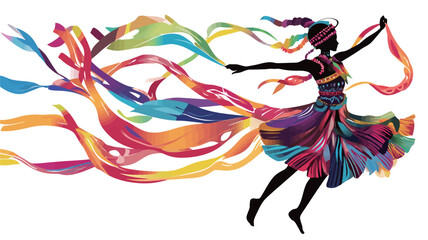 The image is a vector illustration featuring a stylized silhouette of a woman in a flowing dress.  The dress and ribbons trailing behind her are rendered in a spectrum of vibrant colors, creating a