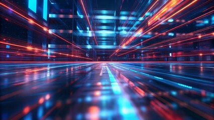 3d abstract technology glowing neon fast speed light background. Empty space scene, reflection floor, virtual reality, cyberspace futuristic sci-fi background, motion line high speed. Futuristic desig