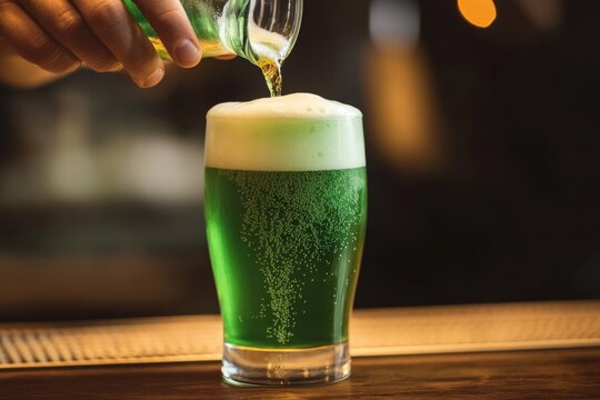 Refreshing green beverage poured into glass, showcasing rich foa