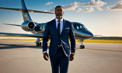 Businessman walking confidently near private jet - Powered by Adobe