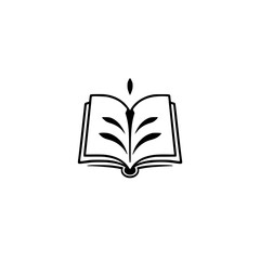 Open Book with Growing Leaves: A Black and White Illustration on a White Background