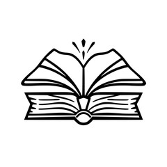 Black and white outline of an open book emitting light, showcasing knowledge.