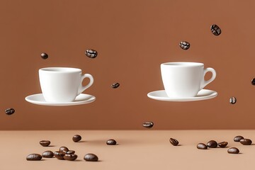 Obraz premium Floating Coffee Cups and Coffee Beans