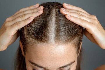 Naklejka premium Regrowth treatment for hair loss Woman styling her hair with hands on a neutral background.