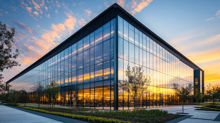 Obraz premium A fully transparent factory building, where robotic production lines are visible through massive glass walls, showcasing next-gen industrial design