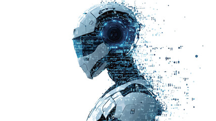 Close-up profile view of a robot head, rendered in shades of gray and blue. The robot's head is partially disintegrating, with fragments breaking away and dispersing.  The style is realistic with a