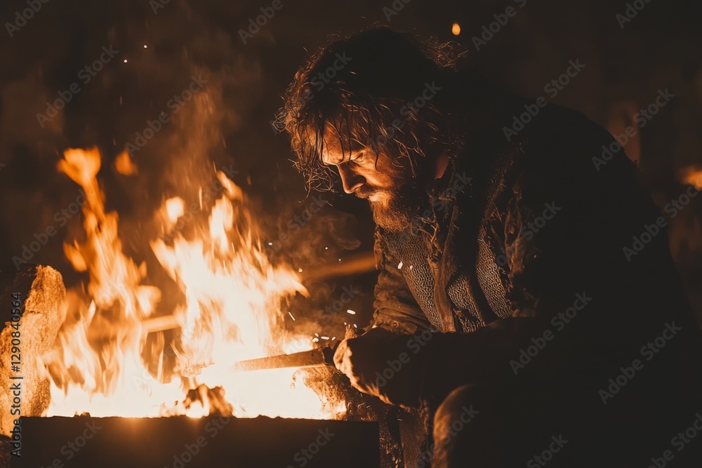 Poster intense blacksmith working with fire at night in a rustic setting, crafting metal tools with focused
