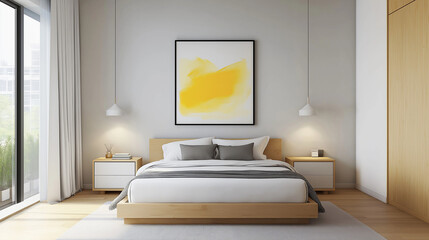 Modern bedroom with wooden bed and yellow artwork
