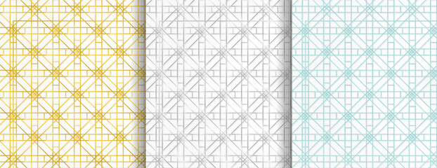 Set of seamless pattern in arabian style ornaments collection. Oriental square shape seamless patterns set in shiny gold, silve, blue color. Islamic ornament backgrounds, traditional muslim texture