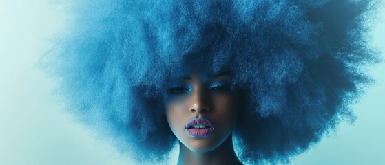 Portrait of a woman with vibrant blue hair and bold makeup, artistic fashion photography, modern beauty trends, creative hairstyle inspiration.