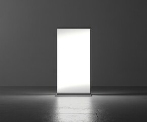 A blank roll-up banner mockup with a white background, placed on an isolated gray surface. The display is illuminated from the front and has no text or graphics visible