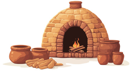 A digital illustration depicts a dome-shaped clay oven constructed of light brown bricks.  The oven features a dark archway revealing a small fire with flames. Several terracotta-colored clay pots