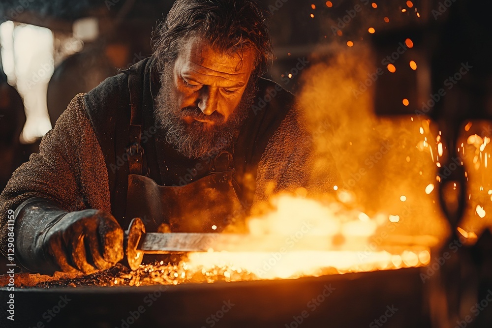 Poster blacksmith forging a sword in a traditional workshop during the early morning hours