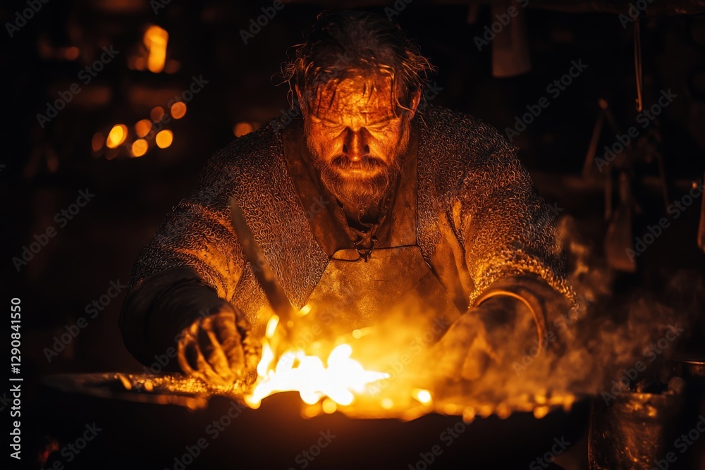 Poster blacksmith working diligently in a dimly lit forge during the evening hours crafting metalwork