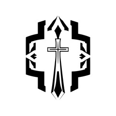 Obraz premium Elegant Black and White Christian Cross Design within a Geometric Hexagon.