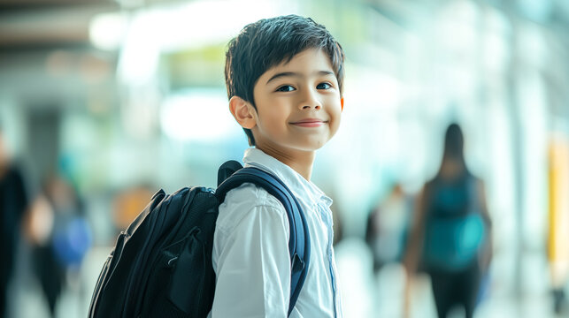 A smiling schoolboy with a backpack, looking over his shoulder in a bright, airy corridor. Ready for a day of learning!
