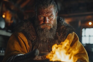 Strong warrior with a fierce expression and fire in a rustic setting engaged in traditional craftsmanship