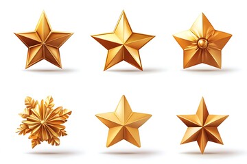 Obraz premium Six different golden stars floating on a white background