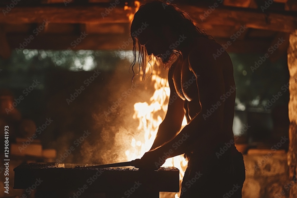Poster crafting metal in a traditional forge during evening hours with warm glow of flames illuminating the