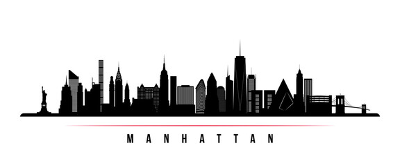 Fototapeta premium Manhattan skyline horizontal banner. Black and white silhouette of Manhattan, NYC. Vector template for your design. 