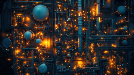 Obraz premium Bird's eye view of a manufacturing hub, highlighting the intricate network of production plants, supply chains, and energy stations