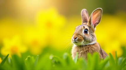 Fototapeta premium Cute little bunny in a spring meadow with daffodils