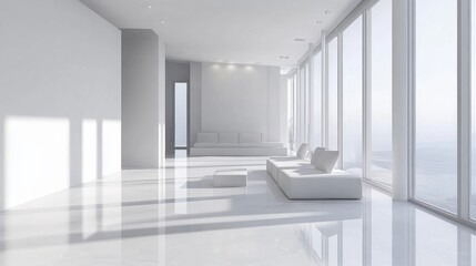 Fototapeta premium A spacious modern meeting room with sleek white furniture, minimalist decor, and bright natural lighting.