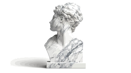 A profile view of a classical-style marble bust sculpture of a woman.  The sculpture is predominantly white and grey, showing texture and detail in the hair and drapery. The bust is presented on a