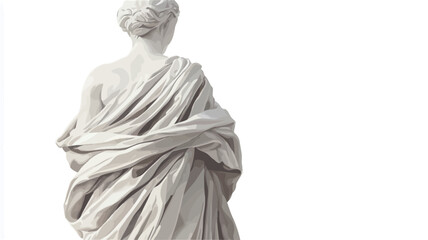 Obraz premium A rear view close-up shot of a white classical sculpture depicting a woman draped in a stole. The statue is presented against a plain white background, emphasizing its form and texture. The
