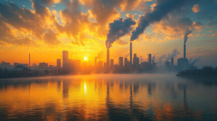 Naklejka premium Factories in a heavy industry district, with metal foundries, massive gears, and smoke-filled skies